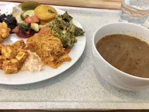 Goulash, house special (some sort of sauerkraut dish), lasagna, Greek salad...and chocolate that I thought was going to be some kind of gravy! at 827 Speciality Kitchen - Kalvin in Budapest