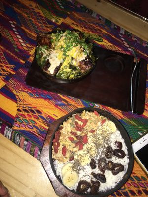 Smoothie bowl and curry noodles  at Wachuma in Antigua