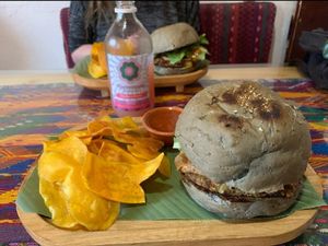 Tempeh burgers with mozzarella cheese at Wachuma in Antigua