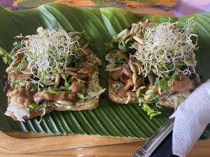 Hummus and peanut toast with tofu  at Wachuma in Antigua