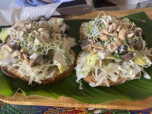 Avocado and tahini toast with mushrooms   at Wachuma in Antigua