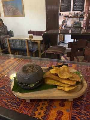 Mushroom burger with sweet potato chips 💛  at Wachuma in Antigua