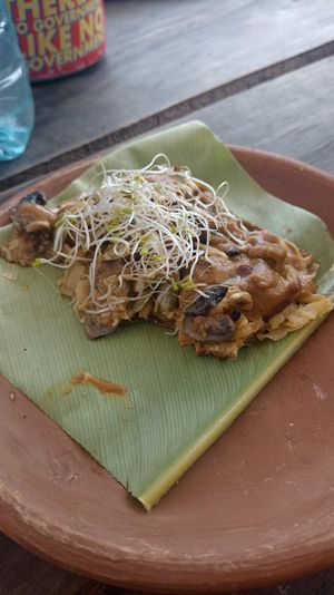 Kraut crackers loaded with mushrooms and peanut sauce. at Wachuma in Antigua