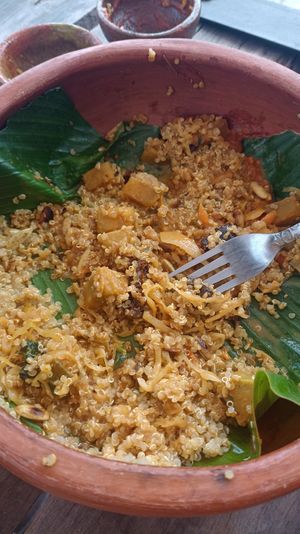 Spicy curry bowl with quinoa at Wachuma in Antigua