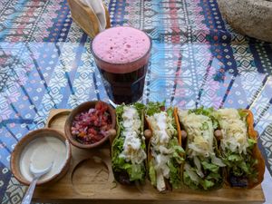 Teriyaki Tempe tacos and hibiscus chia.😋🤤 at Wachuma in Antigua