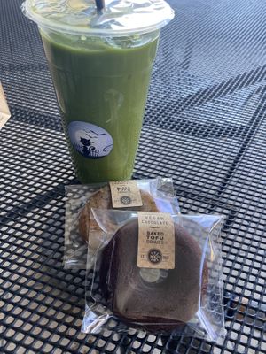 Chocolate donut, banana donut, and iced Sea Salt Oat Milk Matcha Latte  at RING Donuts in Canoga Park