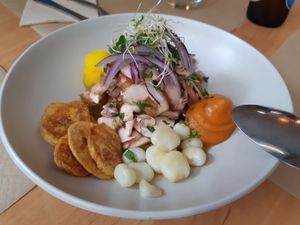Starter: ceviche at Los Andenes Vegan in Madrid