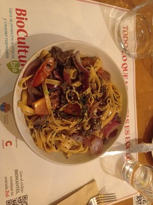 Tallarín criollo. Yummy! at Los Andenes Vegan in Madrid