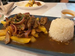 Beef stew with Rice at Los Andenes Vegan in Madrid