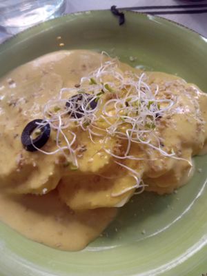 Patatas a la huancaína at Los Andenes Vegan in Madrid