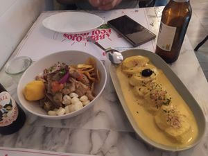 Ceviche de pollo vegano y patatas a la huancaina at Los Andenes Vegan in Madrid