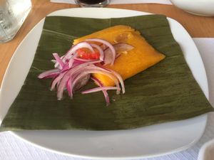 Tamal en hoja de plátano  at Los Andenes Vegan in Madrid