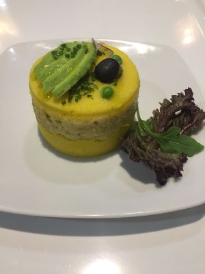 Causa rellena de atún vegano at Los Andenes Vegan in Madrid