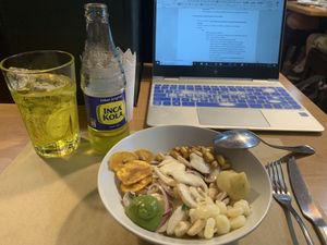 ceviche con inca cola at Los Andenes Vegan in Madrid