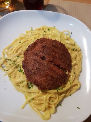Huancaina pasta with beyond meat at Los Andenes Vegan in Madrid