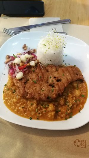 Carapulcra con chicharrones at Los Andenes Vegan in Madrid