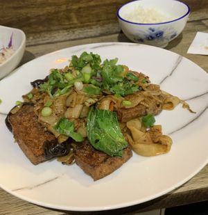 Stir-fry flat dry noodles with tofu, mushroom and greens. at Pho Moi Vietnamese Eatery  in Katoomba