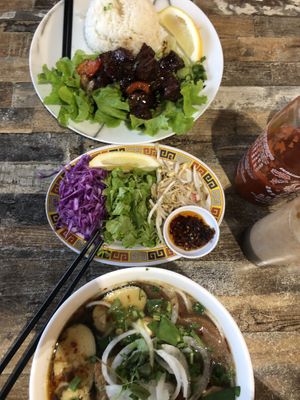 top is not vegan, middle is vegan toppings for noodles, vegan pho on bottom at Pho Moi Vietnamese Eatery  in Katoomba