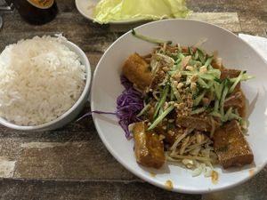 Vegan rice bowl with crispy tofu and a kind of sweet-chili like sauce, which was quite spicy though. We really enjoyed it!  at Pho Moi Vietnamese Eatery  in Katoomba