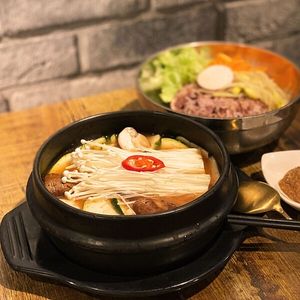 Doenjang Jjigae: traditional Korean soybean paste stew that creates a deep flavour with fermented soybean paste at Daehwa Vegetarian in Central Singapore