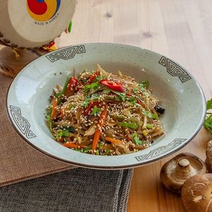 Japchae: sweet potato noodles paired with mushrooms and asparagus at Daehwa Vegetarian in Central Singapore