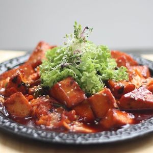 Odeng Bokkeum: spicy and chewy stir fry not-fish cake at Daehwa Vegetarian in Central Singapore