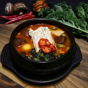 Soondubu Jjigae: stew made with melt-in-your-mouth tofu, flavored with fermented Kimchi and mushrooms at Daehwa Vegetarian in Central Singapore
