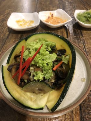Yummy zucchini mushroom, worth the money. Vegan option available on request  at Daehwa Vegetarian in Central Singapore
