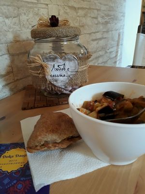 Eggplant curry and potatoes samosa! Was delicious! at Doka Dauji in Sofia