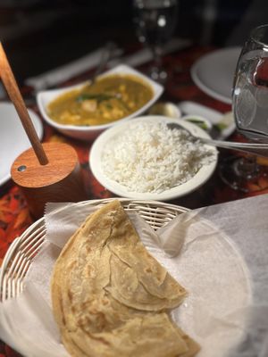 Rice, curry, and breads  at Bombay Royale in Northampton