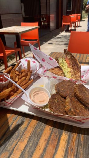 Crab cakes, egg salad sandwich, burger, and fries!  at Beaut Burger in Tucson
