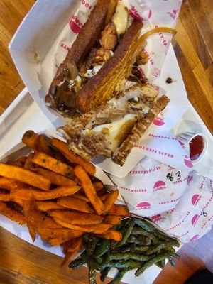 Tempeh reuben, green beans, sweet potato fries, B8, and B Mac at Beaut Burger in Tucson