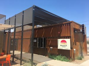 Front of the building, including the order window at Beaut Burger in Tucson