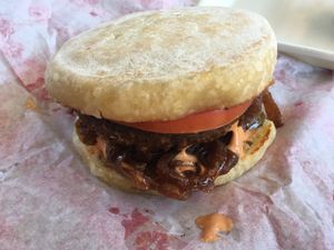 B6 burger with caramelized onions and green peppers, chipotle mayo, and tomato. at Beaut Burger in Tucson