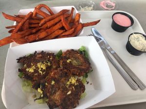 Artichoke cakes and sweet potato fries at Beaut Burger in Tucson