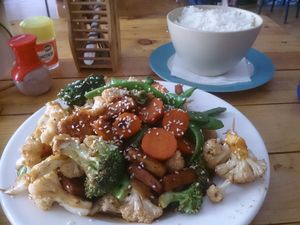 Fried Vegetables with Tofu, together with steamed rice. at Uncle Feng's in Batumi