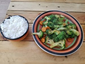 Garlic broccoli and rice at Uncle Feng's in Batumi