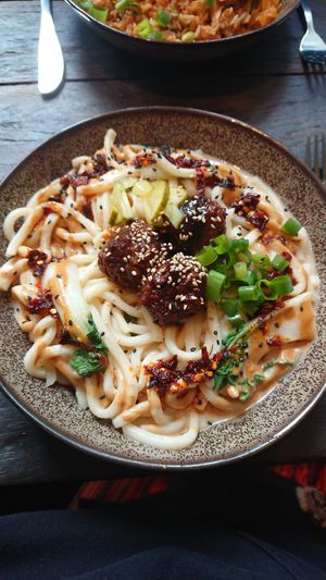 ben ben noodles with vegan meat balls (THE BEST THING OMG)  at SOIL Vegan Cafe - West in Amsterdam