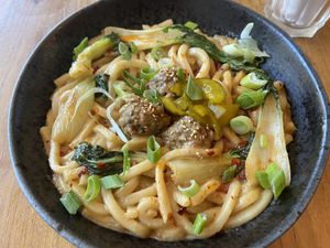 Ben ben noodles (creamy, too salty and slightly spicy)  at SOIL Vegan Cafe - West in Amsterdam