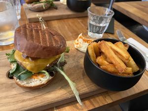 “Cheesy” Burger (delicious!)  at SOIL Vegan Cafe - West in Amsterdam