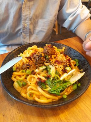 Noodles with meatballs at SOIL Vegan Cafe - West in Amsterdam