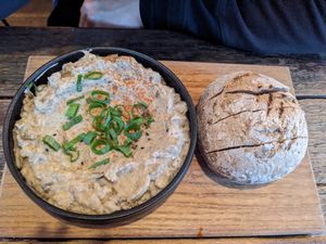Aubergine dip. Unfortunately the bread was frozen still. at SOIL Vegan Cafe - West in Amsterdam