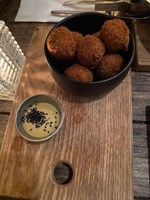 Mushroom bitterballen with mustard at SOIL Vegan Cafe - West in Amsterdam