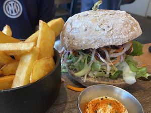 Pulled pork sandwich & fries  at SOIL Vegan Cafe - West in Amsterdam