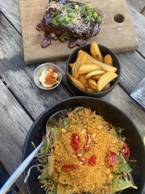 Ribs, fries, vermicelli salad  at SOIL Vegan Cafe - West in Amsterdam