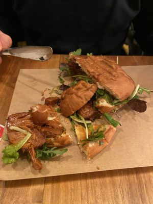 Burger pulled pork (cut up): allright. The structure of the jackfruit is too soft and it tastes bland. at SOIL Vegan Cafe - West in Amsterdam