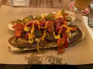 Steak sandwich: nice, but a bit too spicy. The ‘steak’ was more like slices of ‘beef’ (from Wheat, pray, love) at SOIL Vegan Cafe - West in Amsterdam