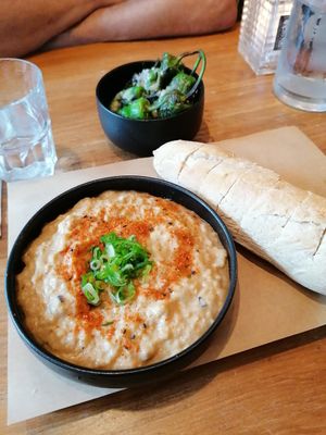 Starters (pimientos padrón and eggplant dip) at SOIL Vegan Cafe - West in Amsterdam