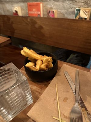 Fries. Notice the unique cut    at SOIL Vegan Cafe - West in Amsterdam