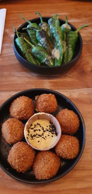 Mushrooms croquettes and peppers at SOIL Vegan Cafe - West in Amsterdam